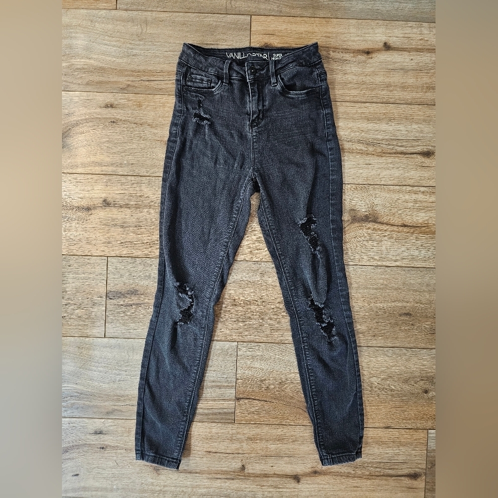 Vanilla Star Women's Juniors Size 3 Black Skinny Distressed Dark Stretch Jeans